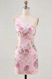Pink One Shoulder Bodycon Sequins Floral Homecoming Dress