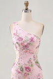Pink One Shoulder Bodycon Sequins Floral Homecoming Dress