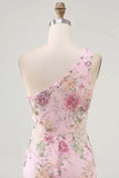 Pink One Shoulder Bodycon Sequins Floral Homecoming Dress