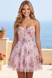 Pink Sweetheart A-Line Corset Sequins Floral Homecoming Dress