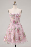 Pink Sweetheart A-Line Corset Sequins Floral Homecoming Dress