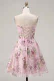 Pink Sweetheart A-Line Corset Sequins Floral Homecoming Dress