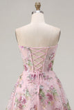 Pink Sweetheart A-Line Corset Sequins Floral Homecoming Dress