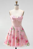 A-Line Pink Sweetheart Sheer Corset Sequins Floral Homecoming Dress