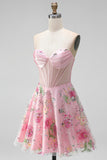 A-Line Pink Sweetheart Sheer Corset Sequins Floral Homecoming Dress