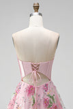 A-Line Pink Sweetheart Sheer Corset Sequins Floral Homecoming Dress