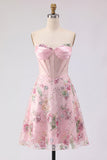 A-Line Pink Sweetheart Sheer Corset Sequins Floral Homecoming Dress