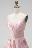 A-Line Pink Sweetheart Sheer Corset Sequins Floral Homecoming Dress