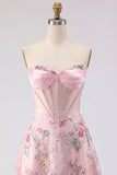 A-Line Pink Sweetheart Sheer Corset Sequins Floral Homecoming Dress