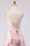 A-Line Pink Sweetheart Sheer Corset Sequins Floral Homecoming Dress