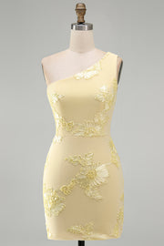 One Shoulder Yellow Bodycon Floral Homecoming Dress