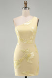 One Shoulder Yellow Bodycon Floral Homecoming Dress