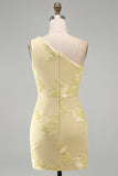 One Shoulder Yellow Bodycon Floral Homecoming Dress