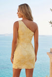 One Shoulder Yellow Bodycon Floral Homecoming Dress