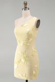 One Shoulder Yellow Bodycon Floral Homecoming Dress