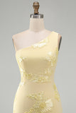 One Shoulder Yellow Bodycon Floral Homecoming Dress