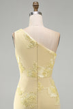 One Shoulder Yellow Bodycon Floral Homecoming Dress