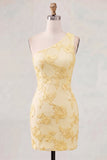 One Shoulder Yellow Bodycon Floral Homecoming Dress