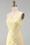 One Shoulder Yellow Bodycon Floral Homecoming Dress