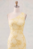 One Shoulder Yellow Bodycon Floral Homecoming Dress