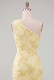One Shoulder Yellow Bodycon Floral Homecoming Dress