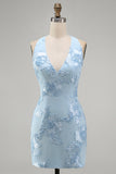Light Blue Halter Neck Bodycon Floral Embroidery Short Homecoming Dress