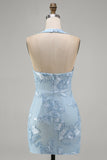 Light Blue Halter Neck Bodycon Floral Embroidery Short Homecoming Dress