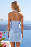 Light Blue Halter Neck Bodycon Floral Homecoming Dress
