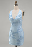 Light Blue Halter Neck Bodycon Floral Embroidery Short Homecoming Dress