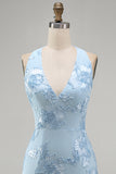 Light Blue Halter Neck Bodycon Floral Embroidery Short Homecoming Dress