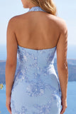 Light Blue Halter Neck Bodycon Floral Homecoming Dress