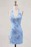 Light Blue Halter Neck Bodycon Floral Homecoming Dress