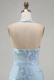 Light Blue Halter Neck Bodycon Floral Embroidery Short Homecoming Dress