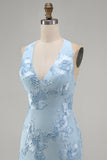 Light Blue Halter Neck Bodycon Floral Embroidery Short Homecoming Dress