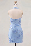 Light Blue Halter Neck Bodycon Floral Homecoming Dress