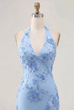 Light Blue Halter Neck Bodycon Floral Homecoming Dress