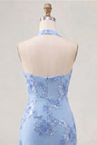 Light Blue Halter Neck Bodycon Floral Homecoming Dress