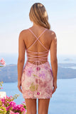 Sparkly Pink Spaghetti Straps Floral Sequins Homecoming Dress