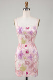 Sparkly Pink Spaghetti Straps Floral Sequins Homecoming Dress