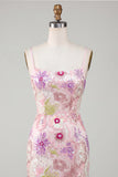 Sparkly Pink Spaghetti Straps Floral Sequins Homecoming Dress