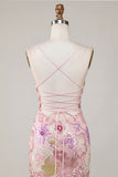 Sparkly Pink Spaghetti Straps Floral Sequins Homecoming Dress