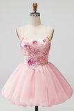 Pink A-Line Strapless Floral Sequins Homecoming Dress