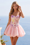 Pink A-Line Strapless Floral Sequins Homecoming Dress