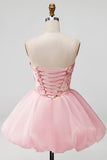 Pink A-Line Strapless Floral Sequins Homecoming Dress