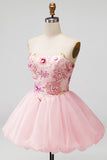 Pink A-Line Strapless Floral Sequins Homecoming Dress