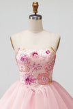 Pink A-Line Strapless Floral Sequins Homecoming Dress