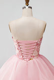 Pink A-Line Strapless Floral Sequins Homecoming Dress