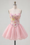 Pink A-Line Strapless Floral Sequins Homecoming Dress