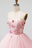 Pink A-Line Strapless Floral Sequins Homecoming Dress