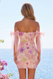 Off the Shoulder Pink Bodycon Floral Sequins Homecoming Dress with Bow